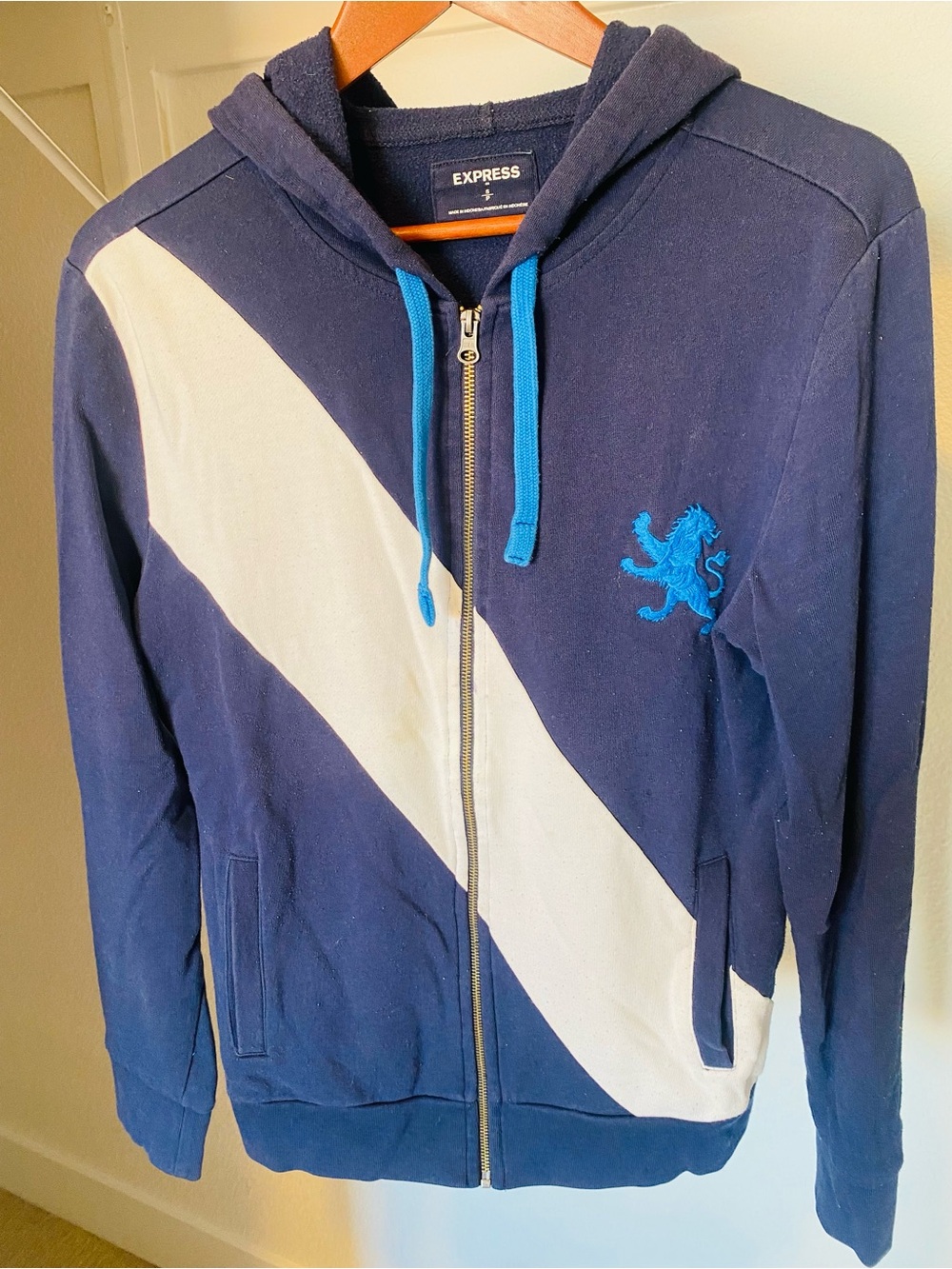 Express Navy Hoodie with Bright Blue Drawcords